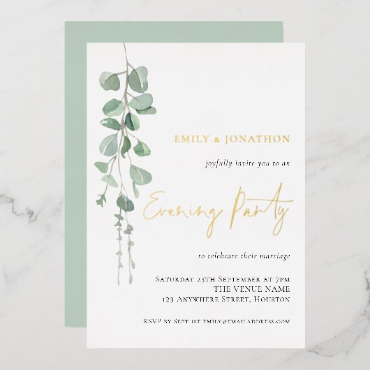 ユーカリモダンプ結婚スの夕べパーティー金ゴールド実在 箔招待状 (正面/裏面)