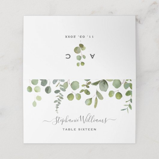 ユーカリモノグラムのプス結婚折り畳み座席表 プレイスカード (外部開封)