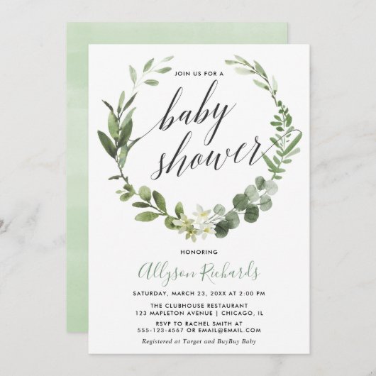 ユーカリリース男女兼用のベビーシャワー 招待状 (正面/裏面)