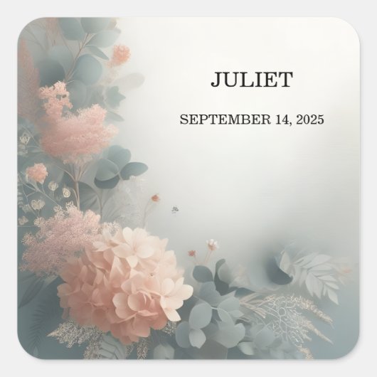 ユーカリレースチュールダスティーブルー ブライダルシャワー スクエアシール (正面)