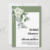 ユーカリ付き枠、白い花のブライダルシャワー 招待状 (正面)