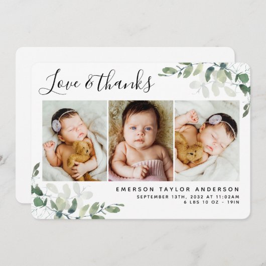 ユーカリ写真の愛と感謝してい誕生発表 サンキューカード (正面/裏面)