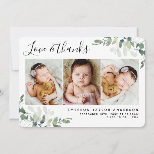 ユーカリ写真の愛と感謝してい誕生発表 サンキューカード (正面)