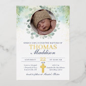 ユーカリ写真クロスウォーター色バプテスマ 箔招待状 (正面)