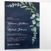 ユーカリ写真コラージュQRコードネイビーブルー結婚ズ 三つ折り招待状 (内部最初)