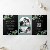ユーカリ写真コラージュQRコードブラック結婚ズ 三つ折り招待状 (内部)