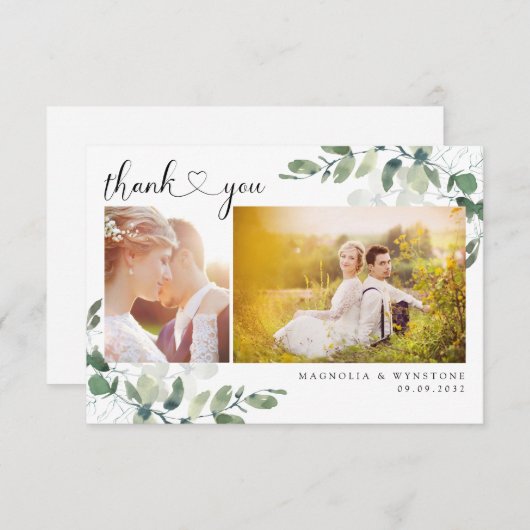 ユーカリ写真モダンハート結婚ズ サンキューカード (正面/裏面)