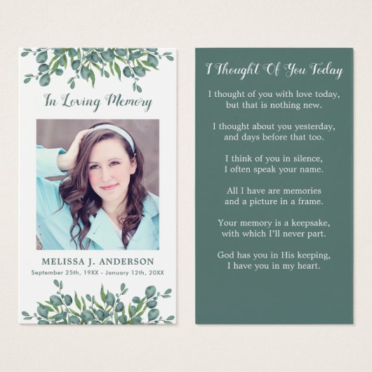 ユーカリ写真悔やみや弔慰葬儀祈りの言葉カード (正面&裏面)