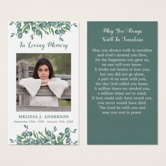 ユーカリ写真悔やみや弔慰記念祈りの言葉カード (正面&裏面)