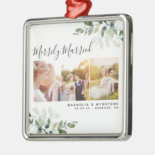 ユーカリ写真結婚の新婚キープサケ メタルオーナメント (左)