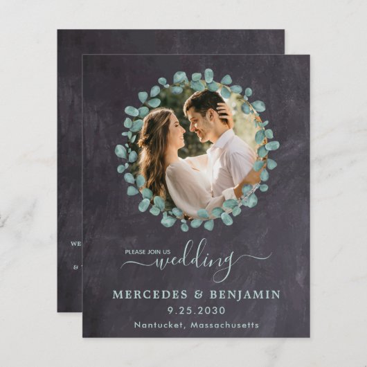 ユーカリ写真緑QRコードウェディング招待 (正面/裏面)