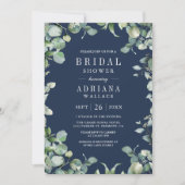 ユーカリ写真QRコードネイビーブルーブライダルシャワー 招待状 (正面)