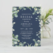 ユーカリ写真QRコードネイビーブルーブライダルシャワー 招待状 (スタンド正面)