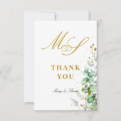 ユーカリ及び金ゴールドモノグラム結婚ズ サンキューカード (正面)