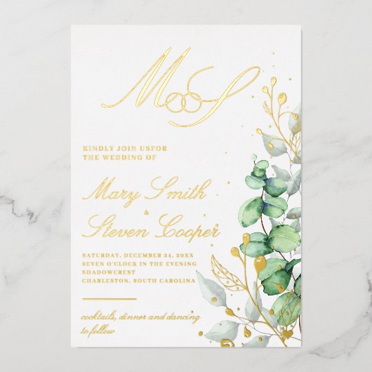 ユーカリ及び金ゴールド結婚箔招待状 箔招待状 (正面)