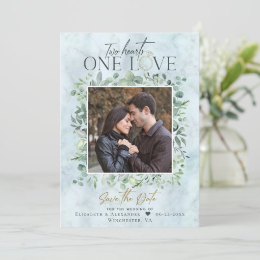 ユーカリ大理石フォトウェディング日付を保存 セーブザデート (スタンド正面)