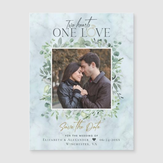 ユーカリ大理石フォトウェディング日付を保存 マグネット招待状 (正面)