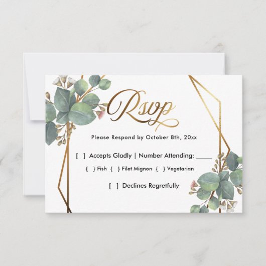 ユーカリ対角線金ゴールドフレームRSVP 出欠カード (正面)