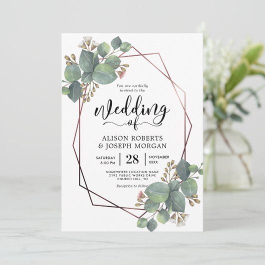 ユーカリ幾何バラ金ゴールド枠 招待状 (スタンド正面)