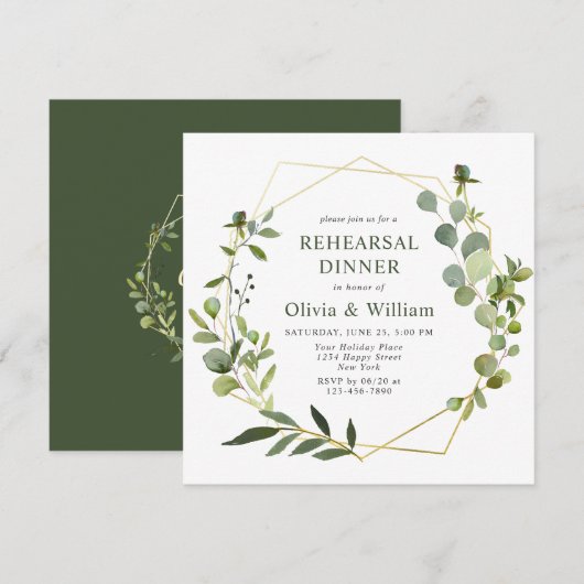 ユーカリ幾何モダンフレームリハーサルディナー 招待状 (正面/裏面)
