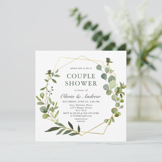 ユーカリ幾何モダンフレーム対シャワー 招待状 (スタンド正面)