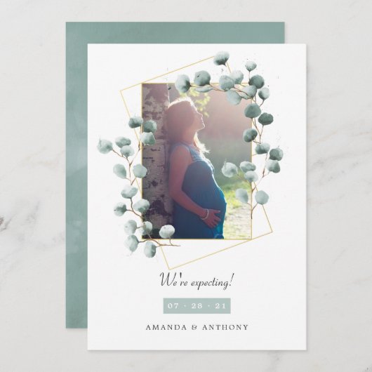 ユーカリ幾何写真妊娠 案内状 (正面/裏面)