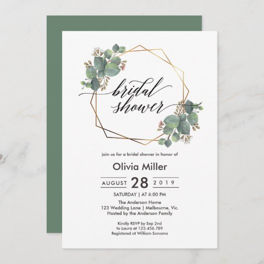 ユーカリ幾何学フレームブライダルシャワー侵入物 招待状 (正面/裏面)