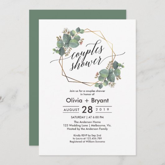 ユーカリ幾何学フレームブライダルシャワー侵入物 招待状 (正面/裏面)