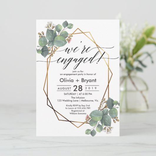 ユーカリ幾何学フレーム婚約パーティ 招待状 (スタンド正面)