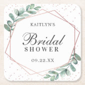 ユーカリ幾何学ローズゴールドホイル ブライダルシャワー スクエアペーパーコースター (正面)