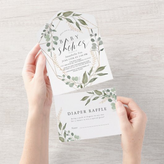 ユーカリ幾何学的おむつラッフルベビーシャワー オールインワン招待状 (貼ってはがせる)