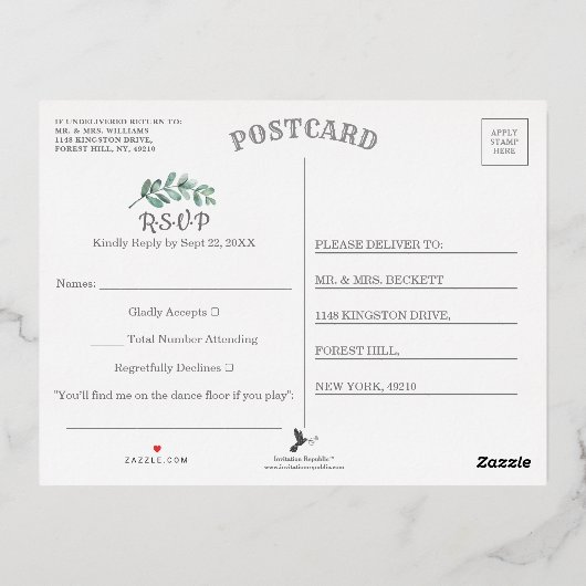 ユーカリ幾何学的な結婚式の出欠確認カード 本物 箔招待状ポストカード (裏面)