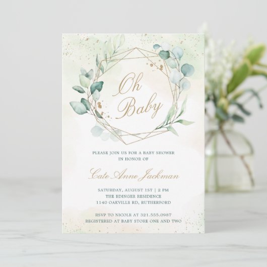 ユーカリ幾何学的男女兼用赤ちゃんシャワー 招待状 (スタンド正面)