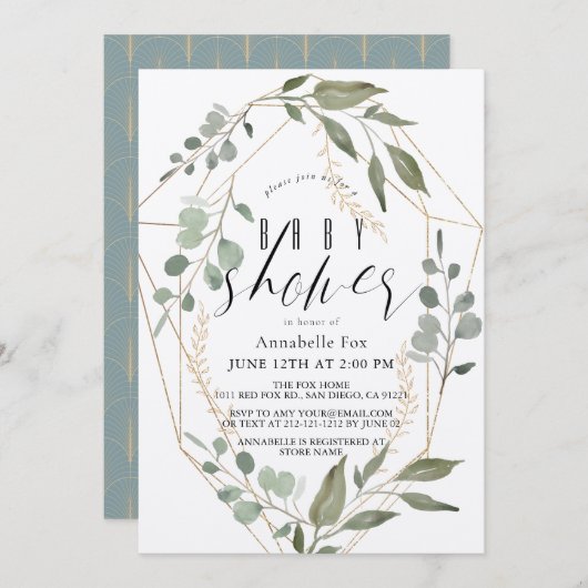 ユーカリ幾何学的金ゴールドフレームグリーンベビーシャワー 招待状 (正面/裏面)