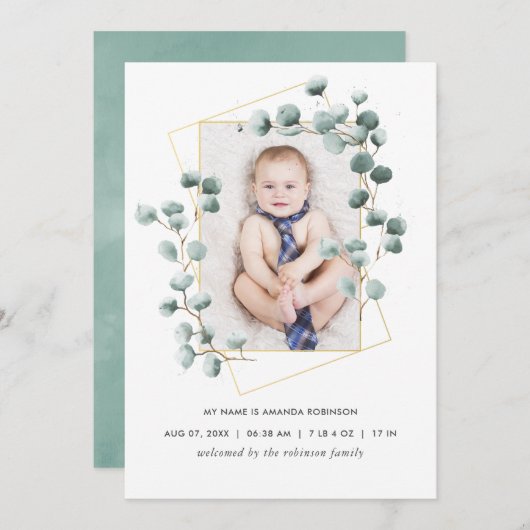ユーカリ幾何学誕生発表フォトカード 案内状 (正面/裏面)
