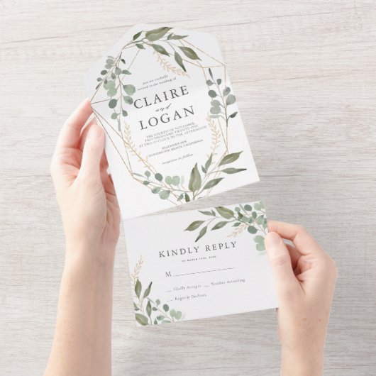 ユーカリ幾何学金ゴールドフレームセージグリーン結婚ズ オールインワン招待状 (貼ってはがせる)