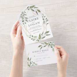 ユーカリ幾何学金ゴールドフレームセージグリーン結婚ズ オールインワン招待状