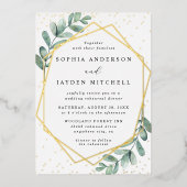 ユーカリ幾何結婚のリハーサル実在ディナー 箔招待状 (正面)