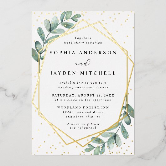 ユーカリ幾何結婚のリハーサル実在ディナー 箔招待状 (正面)