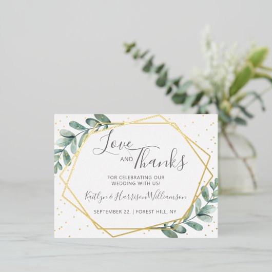 ユーカリ幾何結婚の感謝実在 箔招待状ポストカード (立ち正面)