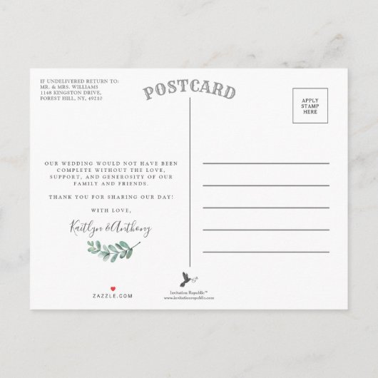 ユーカリ幾何金箔結婚の感謝 案内ポストカード (裏面)