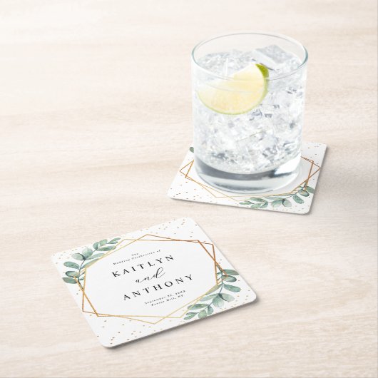 ユーカリ幾何金結婚箔 スクエアペーパーコースター (インサイチュ)