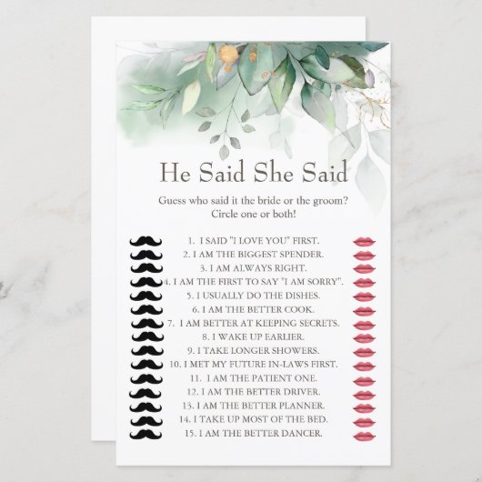 ユーカリ彼は彼女はブライダルシャワーゲームを言った (正面/裏面)