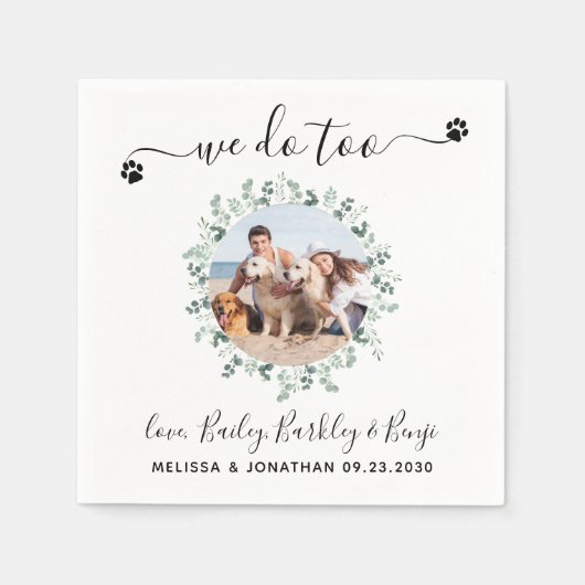 ユーカリ我々もカスタム犬フォトペットズ結婚ー スタンダードカクテルナプキン (正面)