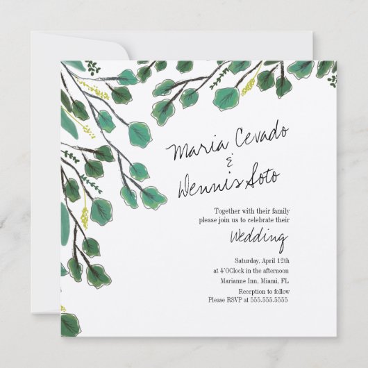 ユーカリ手描き葉の台本結婚のクラフト 招待状 (正面)