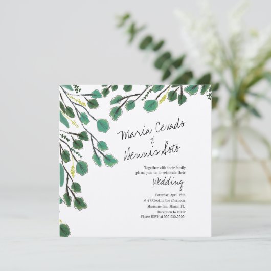 ユーカリ手描き葉の台本結婚のクラフト 招待状 (スタンド正面)