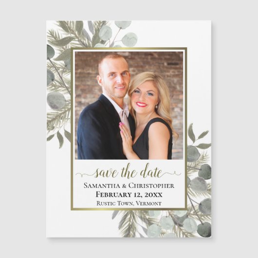 ユーカリ松の結婚式の日付を保存するフォトマグネット (正面)