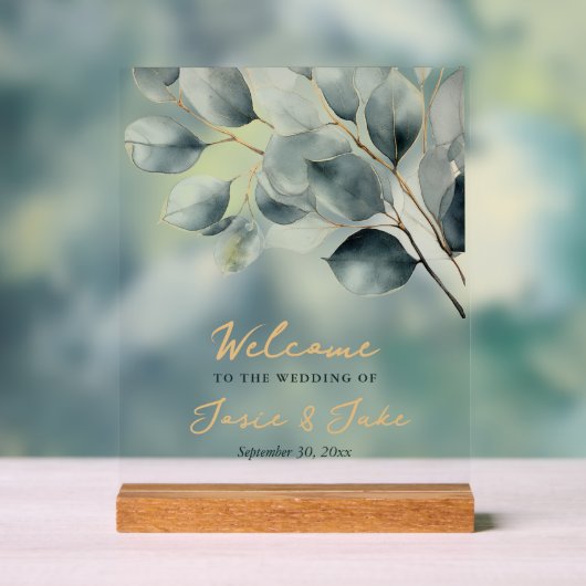 ユーカリ枝グリーンと金ゴールド歓迎サイン アクリルサイン (ニュートラル)