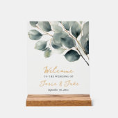 ユーカリ枝グリーンと金ゴールド歓迎サイン アクリルサイン (正面)