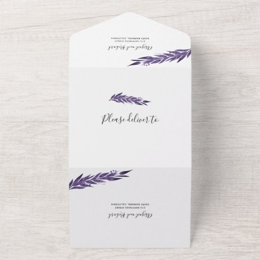 ユーカリ枝ダークパープル色の冬の結婚式 オールインワン招待状 (外側)